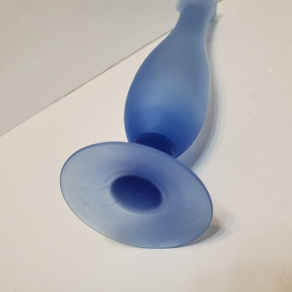 Vintage Frosted Blue Satin Glass Bud Vase, 10" Ruffled Edge Tulip Vase - Picture 7 of 9